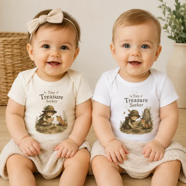 Tiny Treasure Seeker Baby Bodysuit, Boy or Girl — baby bodysuit mockup tiny treasure seeker baby bodysuit model mockup