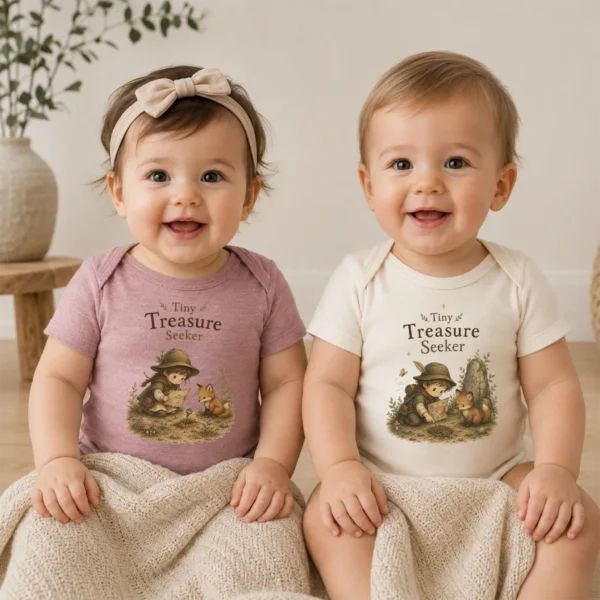Tiny Treasure Seeker Baby Bodysuit, Boy or Girl — baby bodysuit mockup tiny treasure seeker baby bodysuit model mockup