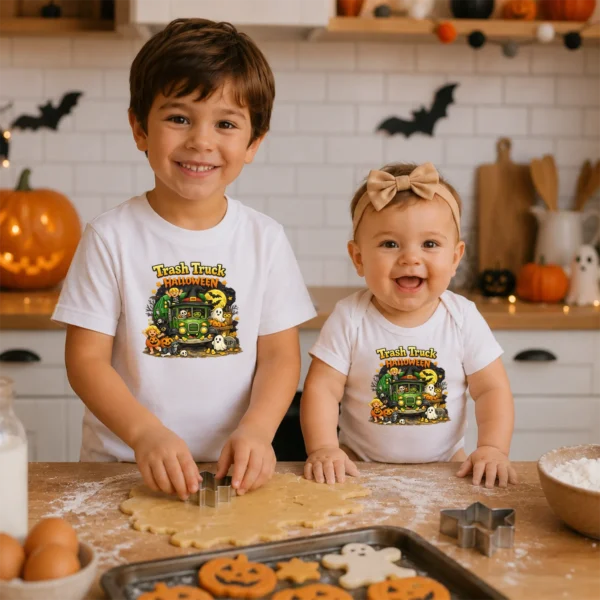 Trash Truck Halloween Baby Bodysuit, Cute Non-Scary Infant One Piece — sibling matching set mockup halloween truck baby bodysuit front view