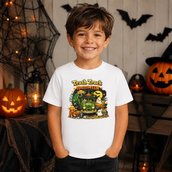 Trash Truck Halloween Baby Bodysuit, Cute Non-Scary Infant One Piece — sibling matching set mockup halloween truck baby bodysuit mockup view