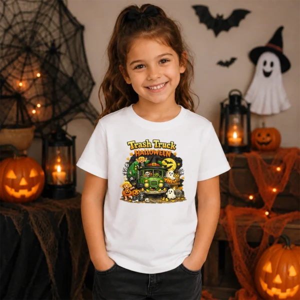 Trash Truck Halloween Baby Bodysuit, Cute Non-Scary Infant One Piece — sibling matching set mockup halloween truck baby bodysuit lifestyle scene
