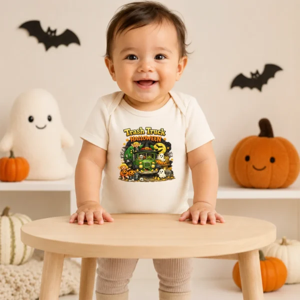Trash Truck Halloween Baby Bodysuit, Cute Non-Scary Infant One Piece — baby bodysuit mockup halloween truck baby bodysuit close-up detail