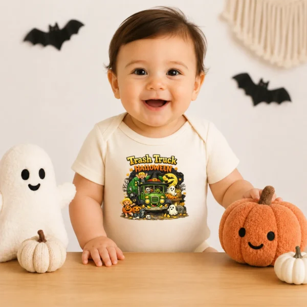 Trash Truck Halloween Baby Bodysuit, Cute Non-Scary Infant One Piece — baby bodysuit mockup halloween truck baby bodysuit styled product photo