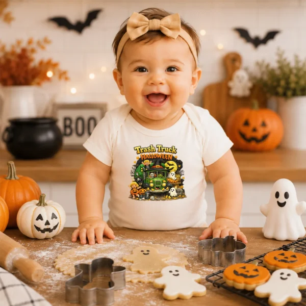 Trash Truck Halloween Baby Bodysuit, Cute Non-Scary Infant One Piece — baby bodysuit mockup halloween truck baby bodysuit product detail