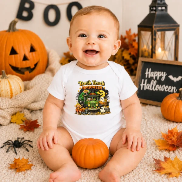 Trash Truck Halloween Baby Bodysuit, Cute Non-Scary Infant One Piece — baby bodysuit mockup halloween truck baby bodysuit product photo