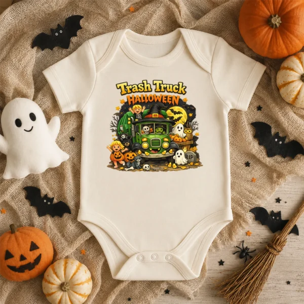 Trash Truck Halloween Baby Bodysuit, Cute Non-Scary Infant One Piece — baby bodysuit mockup halloween truck baby bodysuit product photo