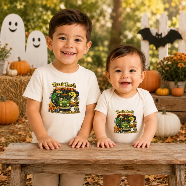 Trash Truck Halloween Baby Bodysuit, Cute Non-Scary Infant One Piece — baby bodysuit mockup halloween truck baby bodysuit product photo