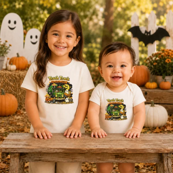 Trash Truck Halloween Baby Bodysuit, Cute Non-Scary Infant One Piece — baby bodysuit mockup halloween truck baby bodysuit product photo