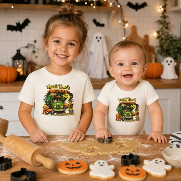Trash Truck Halloween Baby Bodysuit, Cute Non-Scary Infant One Piece — baby bodysuit mockup halloween truck baby bodysuit product photo