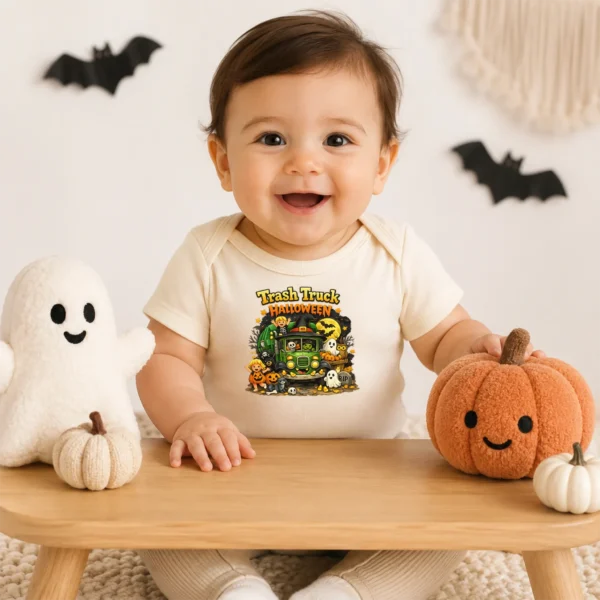 Trash Truck Halloween Baby Bodysuit, Cute Non-Scary Infant One Piece — baby bodysuit mockup halloween truck baby bodysuit product photo