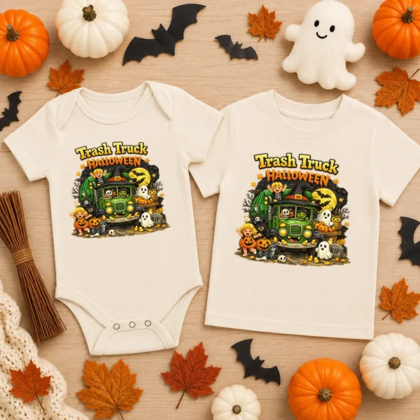 Trash Truck Halloween Baby Bodysuit, Cute Non-Scary Infant One Piece — baby bodysuit mockup halloween truck baby bodysuit flat lay view