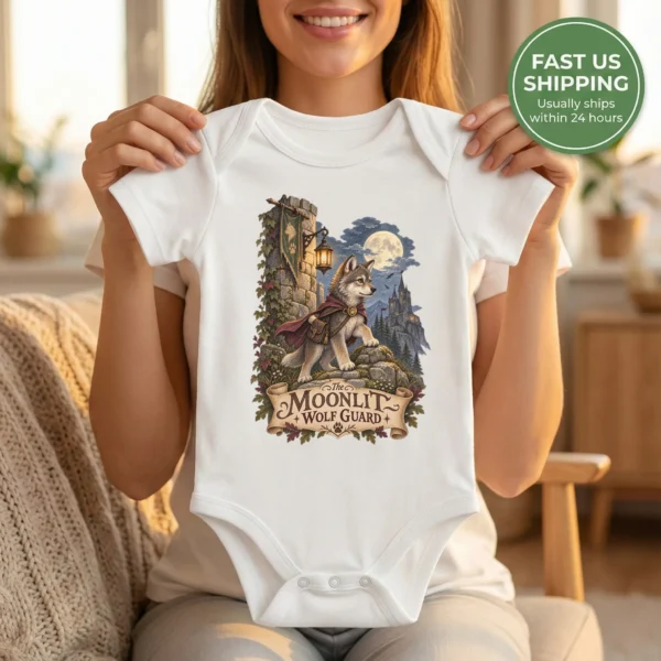 Wolf Baby Bodysuit or Toddler Shirt, the Moonlit Wolf Guard — baby bodysuit mockup wolf baby bodysuit front view