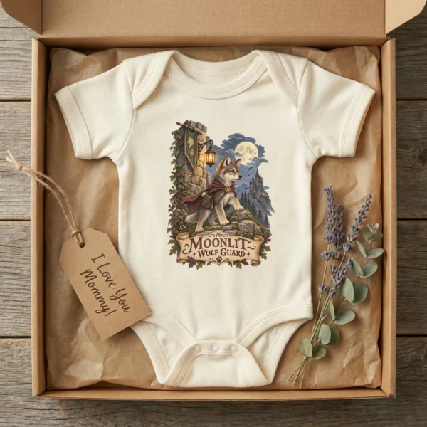 Wolf Baby Bodysuit or Toddler Shirt, the Moonlit Wolf Guard — baby bodysuit mockup wolf baby bodysuit product photo