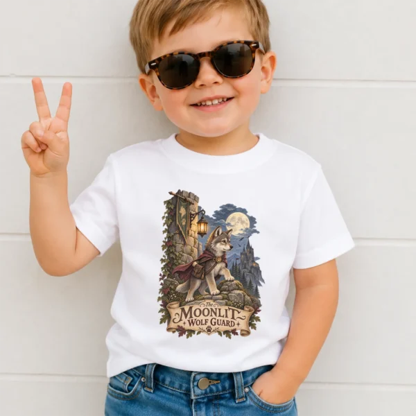 Wolf Baby Bodysuit or Toddler Shirt, the Moonlit Wolf Guard — toddler shirt mockup wolf baby bodysuit styled product photo