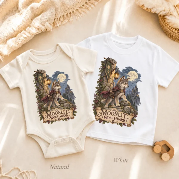 Wolf Baby Bodysuit or Toddler Shirt, the Moonlit Wolf Guard — alternate product mockup wolf baby bodysuit product photo