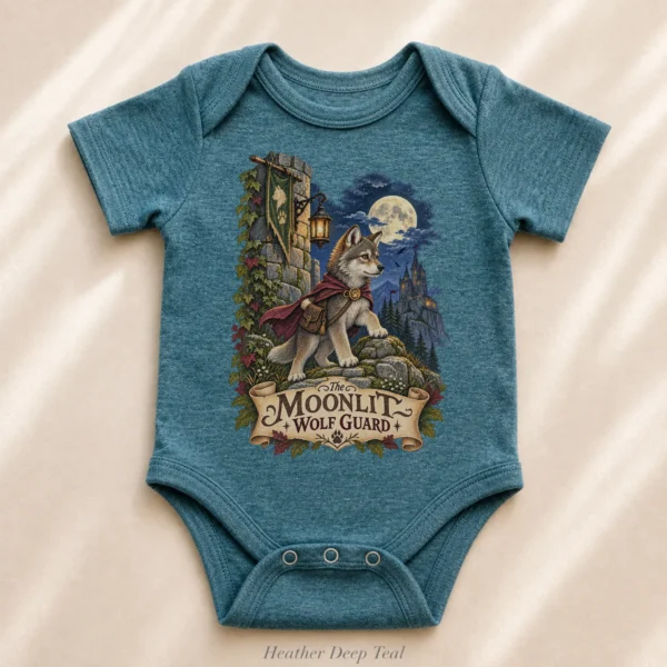 Wolf Baby Bodysuit or Toddler Shirt, the Moonlit Wolf Guard — alternate product mockup wolf baby bodysuit alternate angle