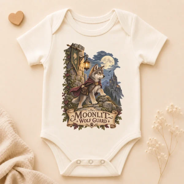 Wolf Baby Bodysuit or Toddler Shirt, the Moonlit Wolf Guard — alternate product mockup wolf baby bodysuit close-up detail