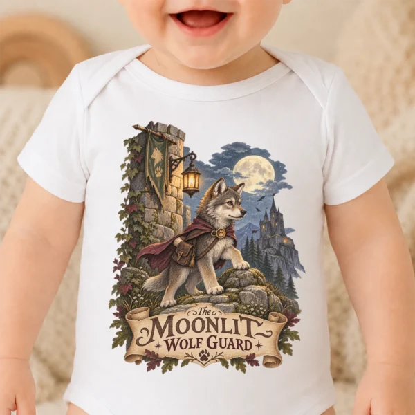 Wolf Baby Bodysuit or Toddler Shirt, the Moonlit Wolf Guard — baby bodysuit mockup wolf baby bodysuit close-up detail