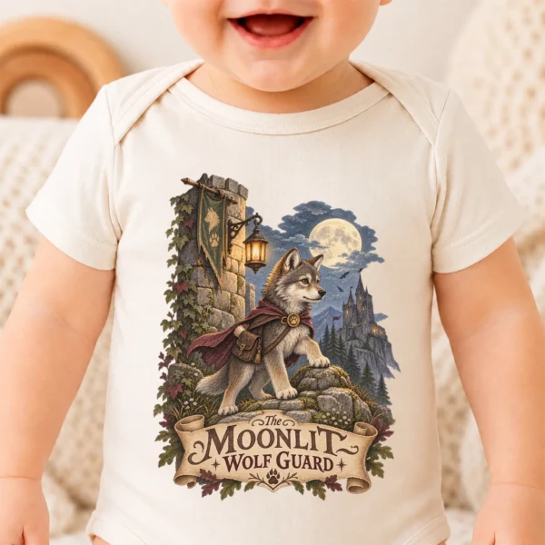 Wolf Baby Bodysuit or Toddler Shirt, the Moonlit Wolf Guard — baby bodysuit mockup wolf baby bodysuit close-up detail