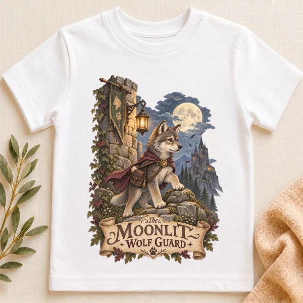 Wolf Baby Bodysuit or Toddler Shirt, the Moonlit Wolf Guard — toddler shirt mockup wolf baby bodysuit close-up detail