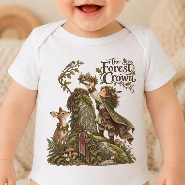 Woodland Guardian Baby Bodysuit or Toddler Shirt, the Forest Crown — baby bodysuit mockup woodland guardian baby bodysuit close-up detail