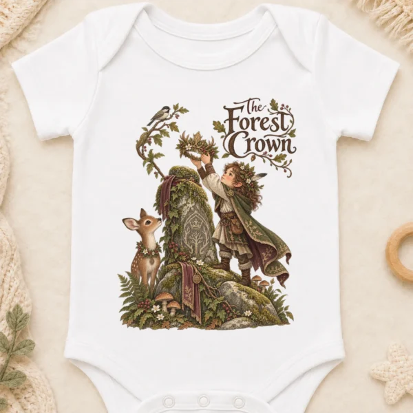 Woodland Guardian Baby Bodysuit or Toddler Shirt, the Forest Crown — baby bodysuit mockup woodland guardian baby bodysuit close-up detail