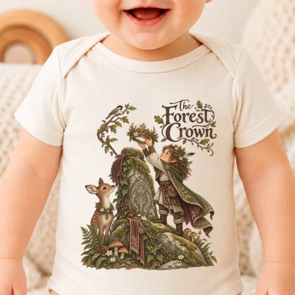 Woodland Guardian Baby Bodysuit or Toddler Shirt, the Forest Crown — baby bodysuit mockup woodland guardian baby bodysuit close-up detail
