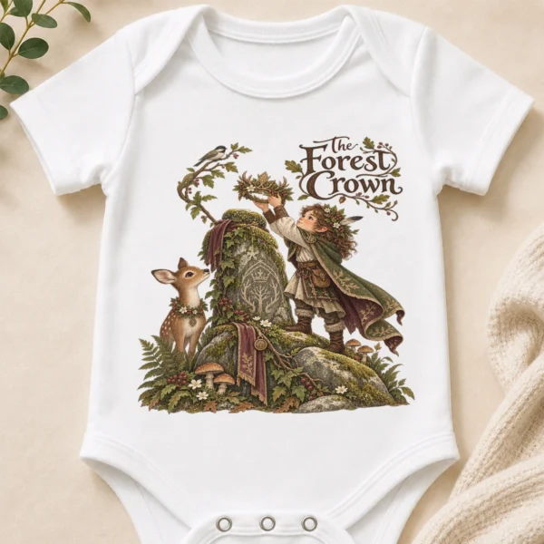 Woodland Guardian Baby Bodysuit or Toddler Shirt, the Forest Crown — baby bodysuit mockup woodland guardian baby bodysuit close-up detail