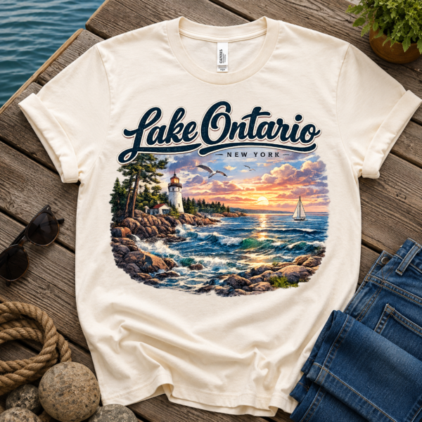 coastal lighthouse sunset graphic t-shirt