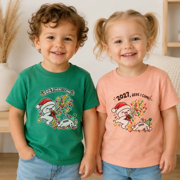 2027 New Year Baby Bodysuit & Toddler Shirt, Funny Party Design — toddler shirt mockup 2027 new year baby bodysuit & toddler shirt close-up detail