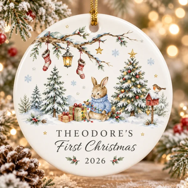 Baby First Christmas Ornament Boy Girl Personalized Name & Year — alternate product mockup baby first christmas ornament boy girl personalized name & year product image lifestyle scene
