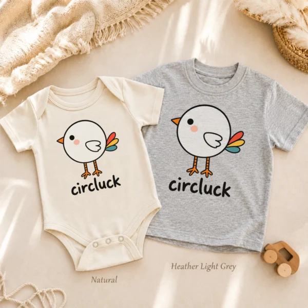 Circle Chicken Baby Bodysuit, Toddler & Youth Shirt | Circluck — alternate product mockup circle chicken baby bodysuit natural light photo