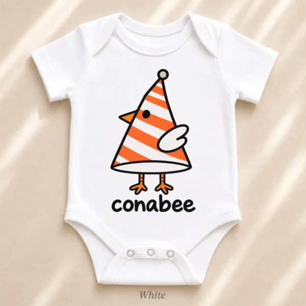 Cone Bird Geometry Baby Bodysuit, Toddler & Youth Shirt | Conebee — alternate product mockup cone bird geometry baby bodysuit close-up detail
