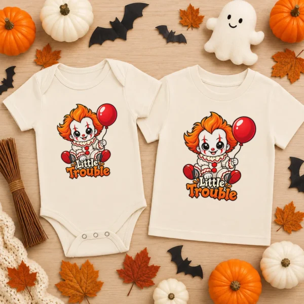 Halloween Creepy Clown Baby Bodysuit or Toddler Shirt — baby bodysuit mockup creepy clown baby bodysuit flat lay view