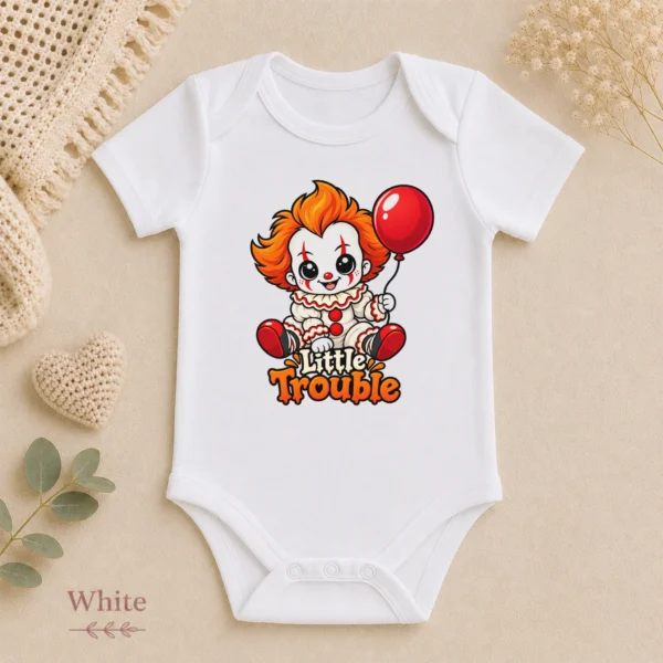 Halloween Creepy Clown Baby Bodysuit or Toddler Shirt — alternate product mockup creepy clown baby bodysuit close-up detail