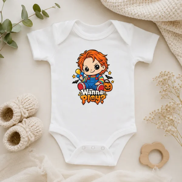 Creepy Doll Baby Bodysuit or Toddler Shirt, Halloween Wanna Play? — alternate product mockup creepy doll baby bodysuit product photo