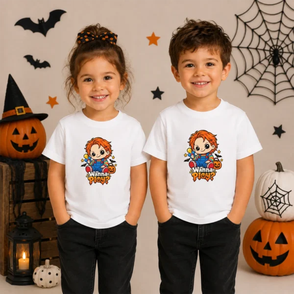 Creepy Doll Baby Bodysuit or Toddler Shirt, Halloween Wanna Play? — toddler shirt mockup creepy doll baby bodysuit product photo
