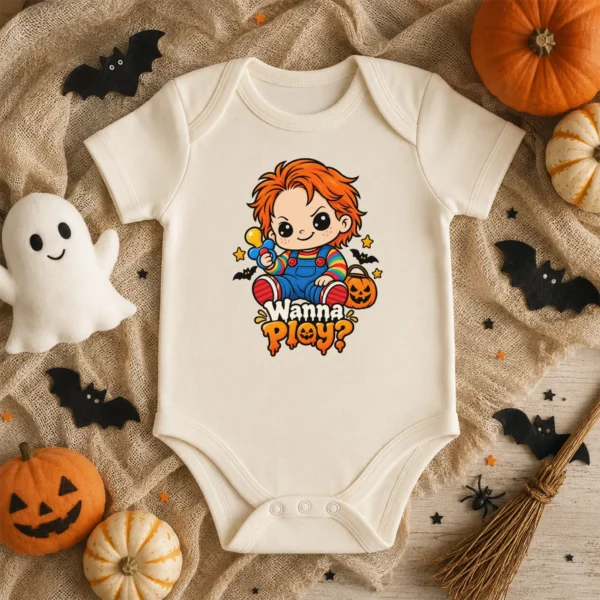 Creepy Doll Baby Bodysuit or Toddler Shirt, Halloween Wanna Play? — baby bodysuit mockup creepy doll baby bodysuit front view
