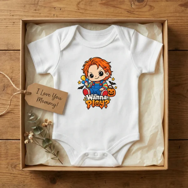 Creepy Doll Baby Bodysuit or Toddler Shirt, Halloween Wanna Play? — baby bodysuit mockup creepy doll baby bodysuit product photo