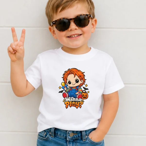 Creepy Doll Baby Bodysuit or Toddler Shirt, Halloween Wanna Play? — toddler shirt mockup creepy doll baby bodysuit product photo