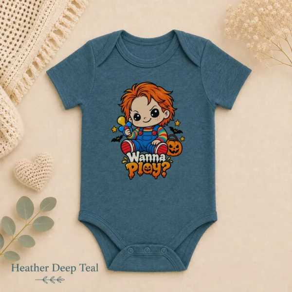Creepy Doll Baby Bodysuit or Toddler Shirt, Halloween Wanna Play? — alternate product mockup creepy doll baby bodysuit styled product photo