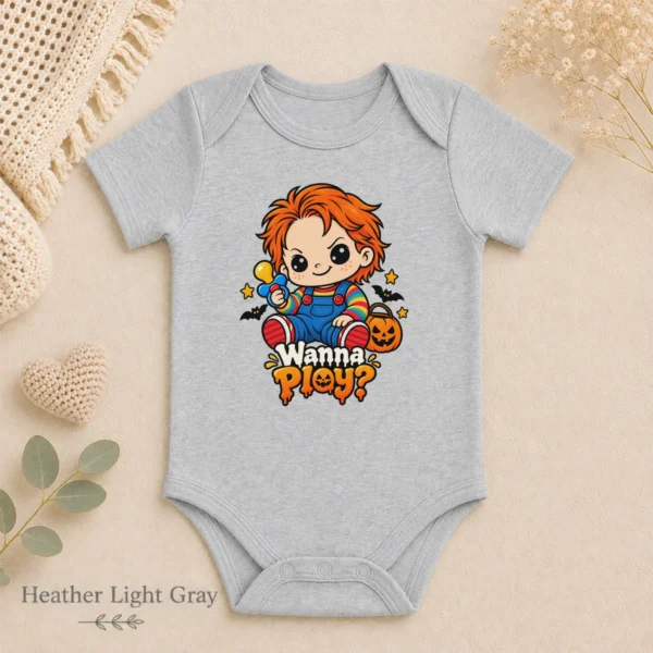 Creepy Doll Baby Bodysuit or Toddler Shirt, Halloween Wanna Play? — alternate product mockup creepy doll baby bodysuit lifestyle scene