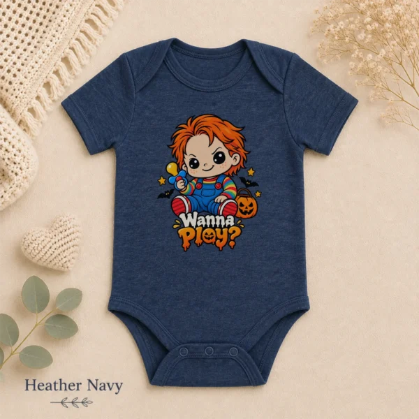 Creepy Doll Baby Bodysuit or Toddler Shirt, Halloween Wanna Play? — alternate product mockup creepy doll baby bodysuit close-up detail