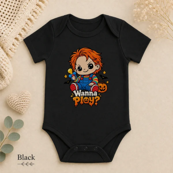 Creepy Doll Baby Bodysuit or Toddler Shirt, Halloween Wanna Play? — alternate product mockup creepy doll baby bodysuit mockup view