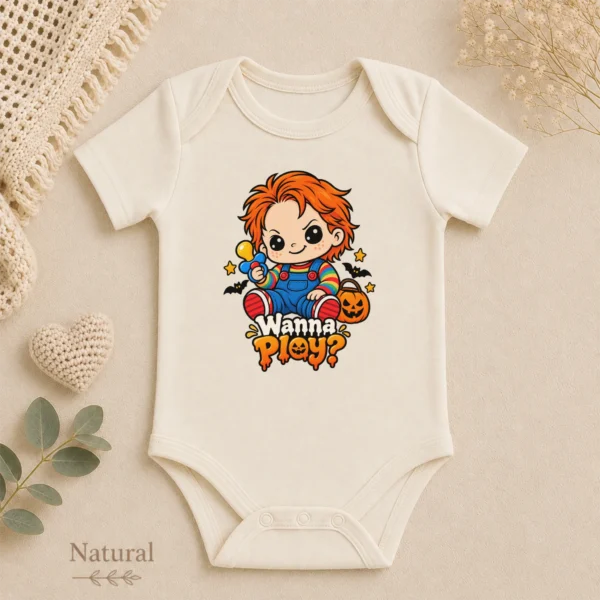 Creepy Doll Baby Bodysuit or Toddler Shirt, Halloween Wanna Play? — alternate product mockup creepy doll baby bodysuit product detail