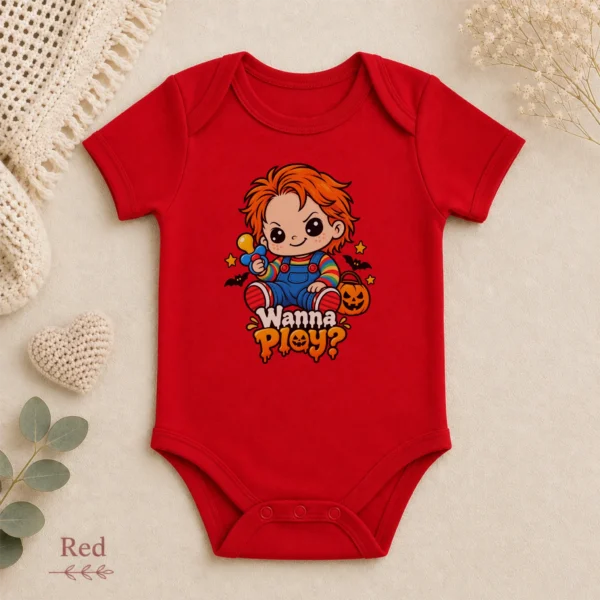 Creepy Doll Baby Bodysuit or Toddler Shirt, Halloween Wanna Play? — alternate product mockup creepy doll baby bodysuit alternate angle