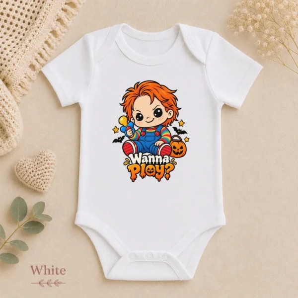 Creepy Doll Baby Bodysuit or Toddler Shirt, Halloween Wanna Play? — alternate product mockup creepy doll baby bodysuit product photo