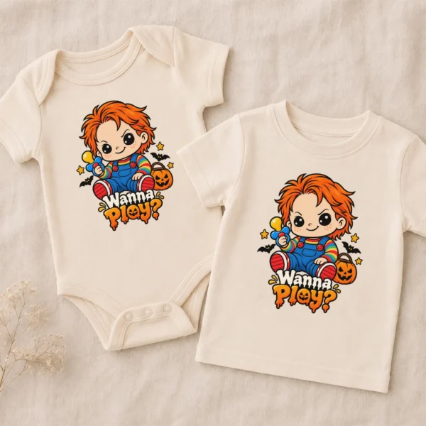 Creepy Doll Baby Bodysuit or Toddler Shirt, Halloween Wanna Play? — alternate product mockup creepy doll baby bodysuit product photo