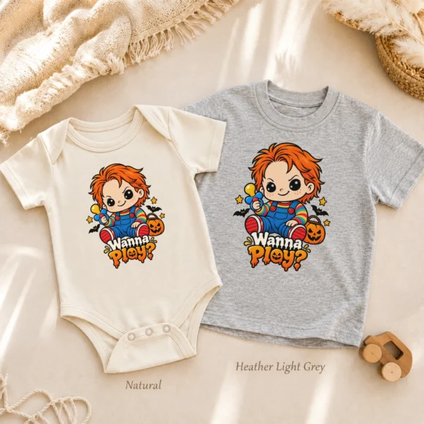 Creepy Doll Baby Bodysuit or Toddler Shirt, Halloween Wanna Play? — alternate product mockup creepy doll baby bodysuit natural light photo