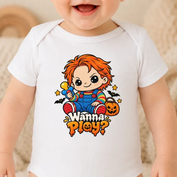 Creepy Doll Baby Bodysuit or Toddler Shirt, Halloween Wanna Play? — baby bodysuit mockup creepy doll baby bodysuit close-up detail
